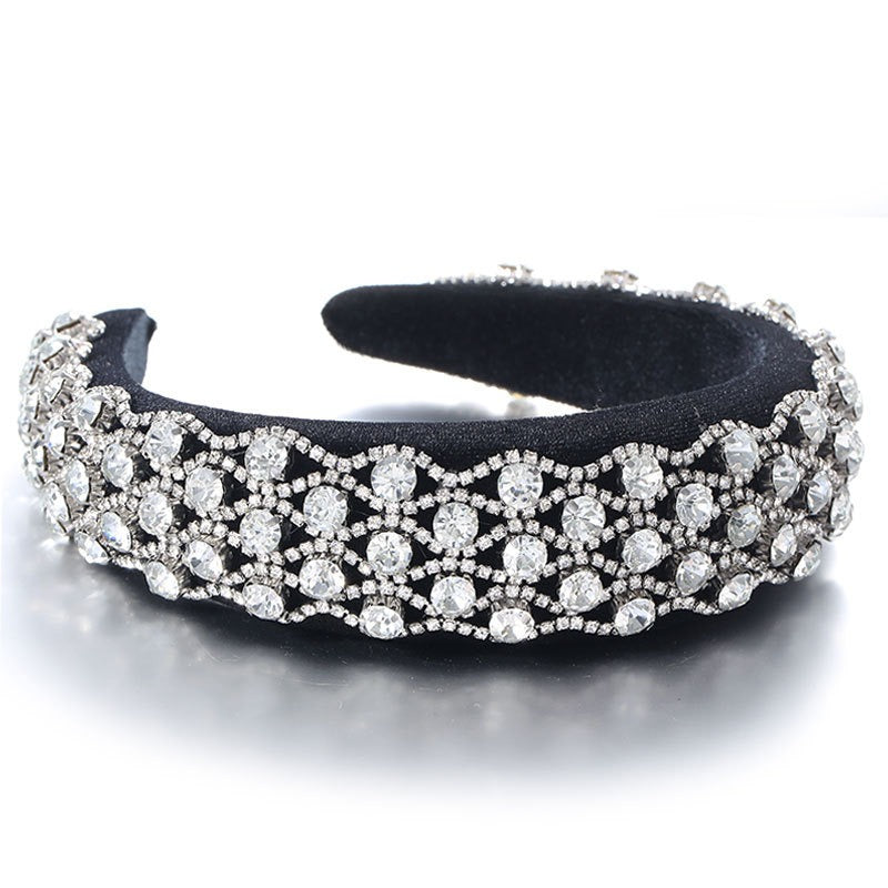 Fashionable full set rhinestone wide edge solid color sponge head hoop - Fashionner