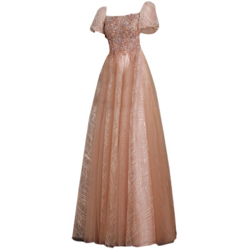 Golden Puff Sleeve Dress For Women's Banquet