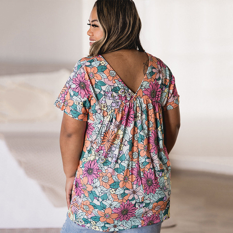 Summer Floral Print Loose Pleating V-neck Top - Fashionner