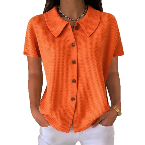 Chemise décontractée ample à manches courtes en tissu gaufré uni avec col rabattu – Haut d'été léger en mélange de coton pour femmes, idéal pour un usage quotidien