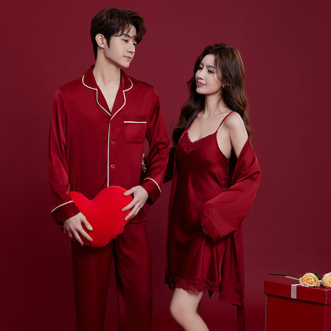 Spring And Autumn Ice Silk Red Festive Men's And Women's Wedding Dowry Suit