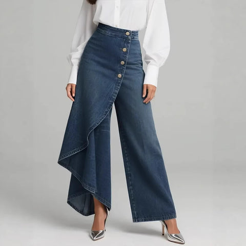 Pantalon coupe droite unique Boutons à grands volants pour femme, en faux jean