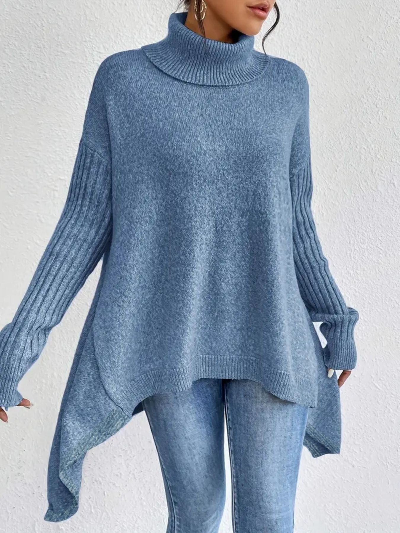 Buy Irregular Turtleneck Sweater Winter Loose Long Sleeve Knitted Tops Leisure Warm Pullover Sweater Women'S Clothing online at Fashionner.