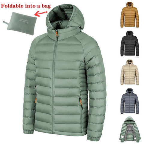 Manteau léger d'hiver à capuche avec poches, veste chaude et portable à fermeture éclair pour homme, vêtements d'extérieur de couleur unie