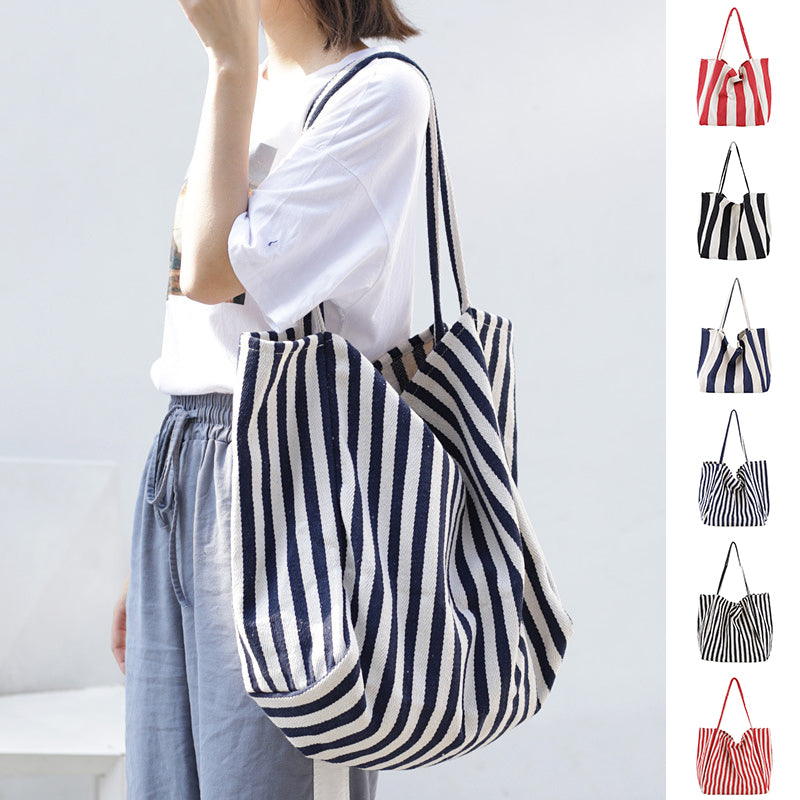 Striped Canvas Bags High Capacity Shoulder Bags For Women Fashion Shopper Handbags Casual Shopping Totes - Fashionner