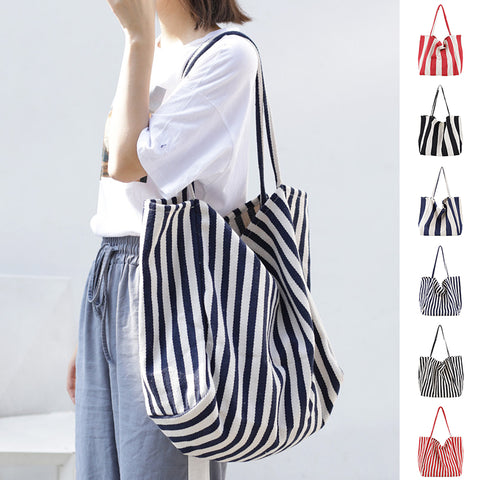 Striped Canvas Bags High Capacity Shoulder Bags For Women Fashion Shopper Handbags Casual Shopping Totes - Fashionner