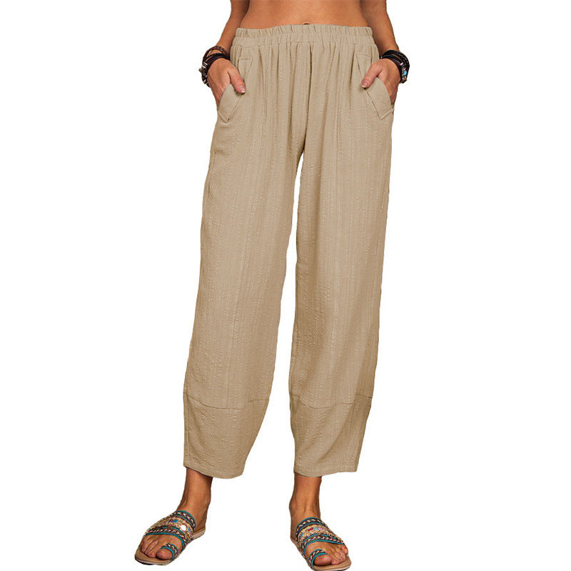 Women's Solid Color Loose Cotton And Linen Casual Pants Home - Fashionner