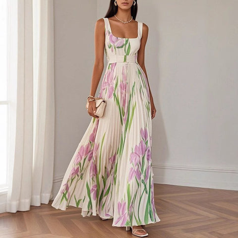 Floral Print Pleated Dress Summer A-Line Sleeveless Midi Dresses Women'S Clothing
