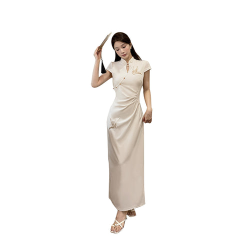 Robe cheongsam papillon slim fit pour femmes avec taille cintrée