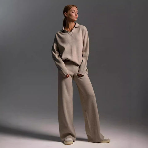 Ensemble deux pièces automne hiver pour femme, simple, ample, de couleur unie, ensemble pull col montant, mode décontractée, ensemble de sport.