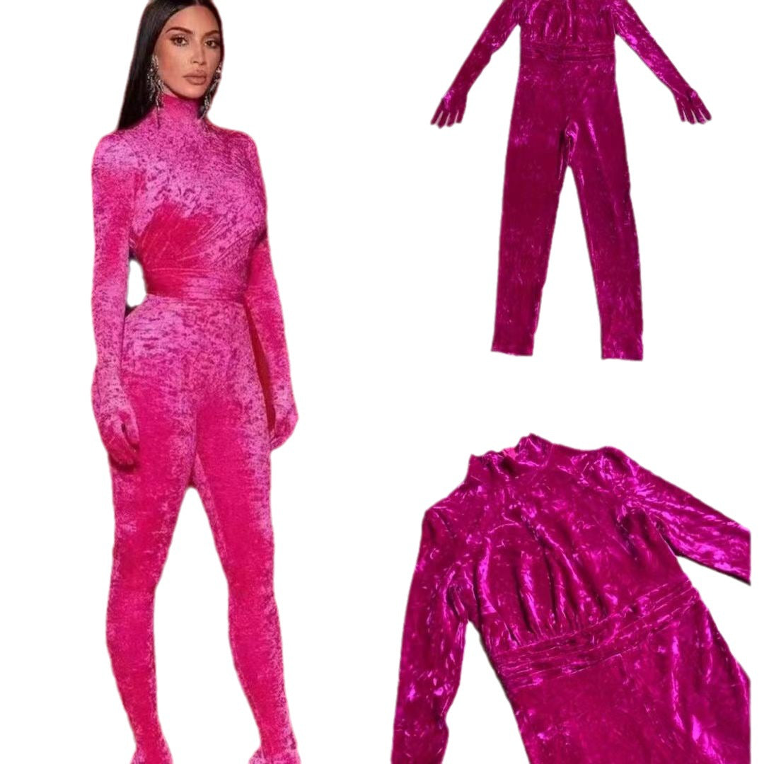 Rose Red Half Turtleneck Jumpsuit Suit - Fashionner