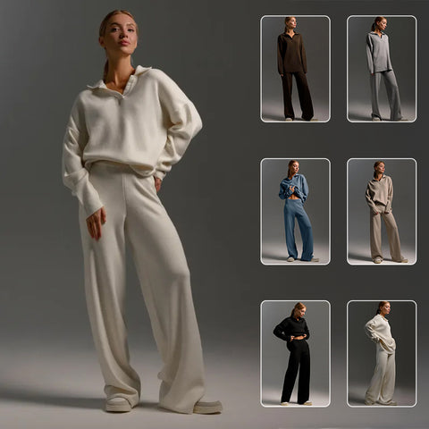 Ensemble deux pièces automne hiver pour femme, simple, ample, de couleur unie, ensemble pull col montant, mode décontractée, ensemble de sport.