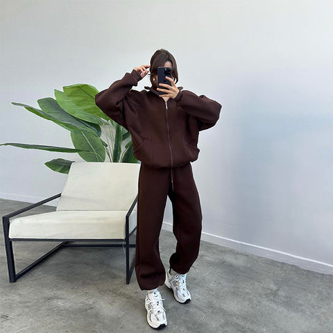 Survêtements de sport pour femme avec poches, veste zippée à col montant et pantalon à cordon de serrage, ensemble de jogging mode