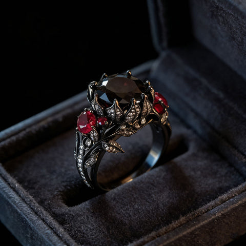 Buy Ruby-Red Vintage Floral And Leaf Ring Dark-Themed Style online at Fashionner.