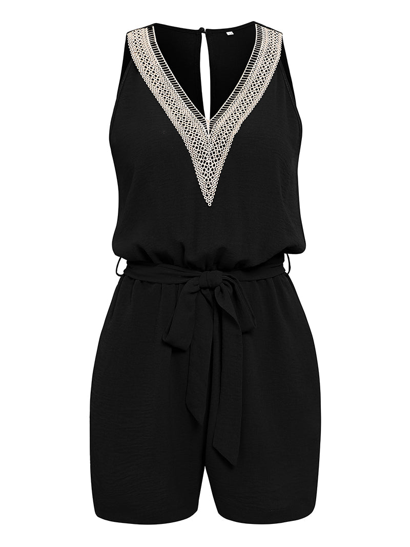 Casual Jumpsuit Lace V-neck Sleeveless Tops Tie-up Shorts Summer Beach Clothes - Fashionner