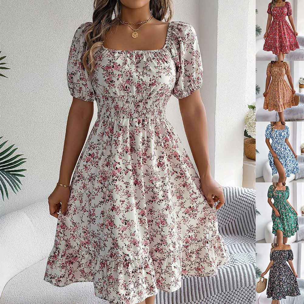 Buy Floral Print Square Collar Dress Summer Fashion Ruffles Dresses Women'S Clothing online at Fashionner.