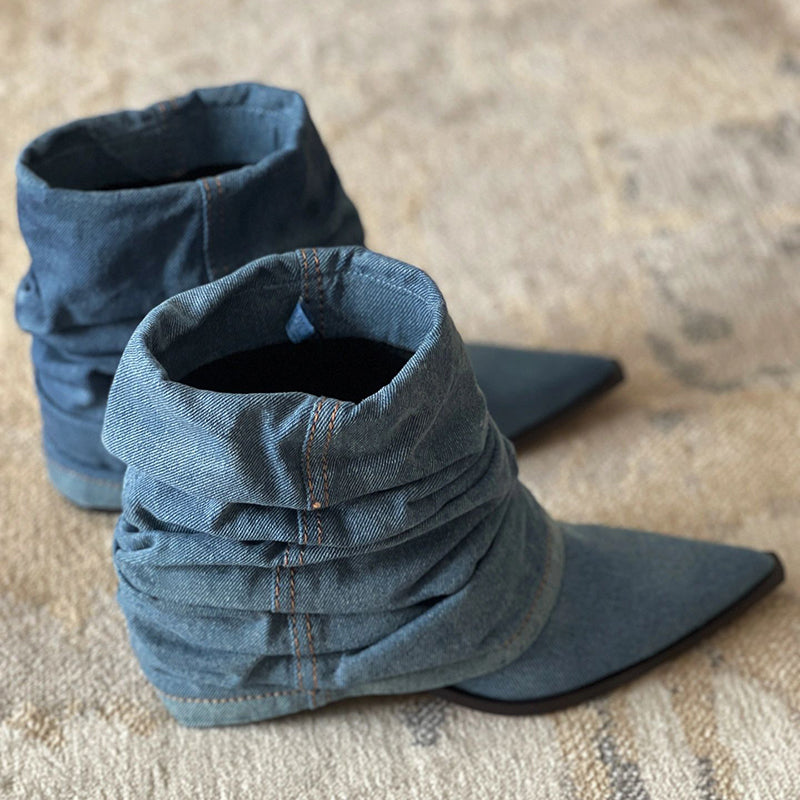Thickened And Fashionable Pleated Denim Short Boots For Women - Fashionner