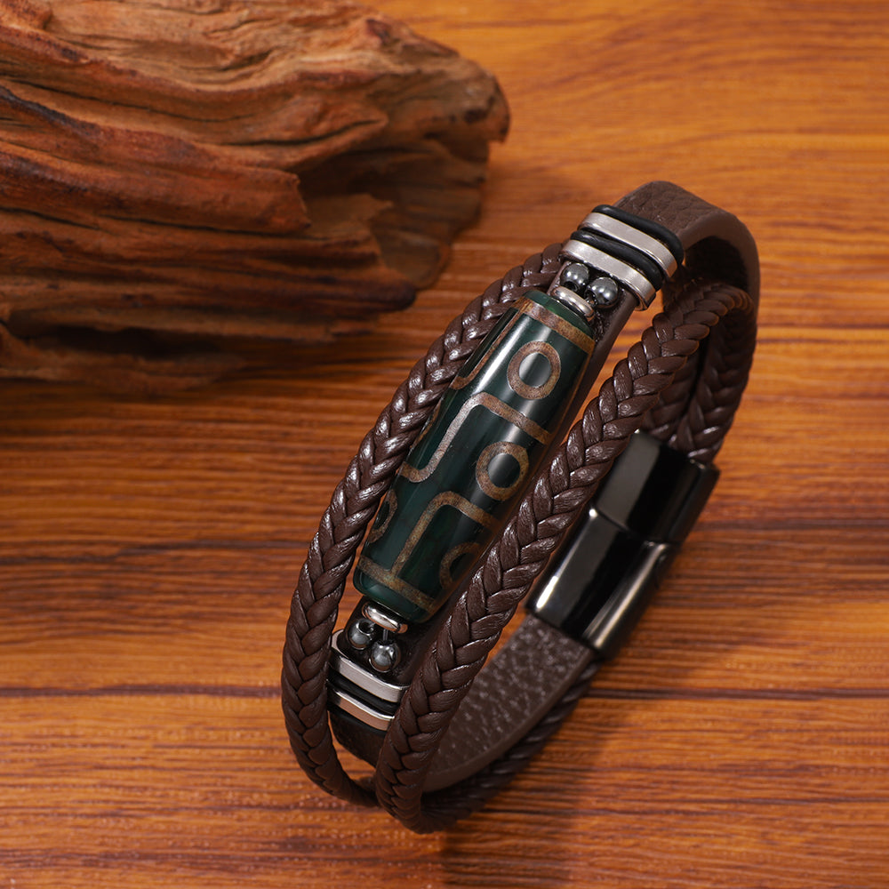 Buy Hand-Woven Men'S Leather Bracelet With Stainless Steel Nine-Eyed Dzi Beads online at Fashionner.