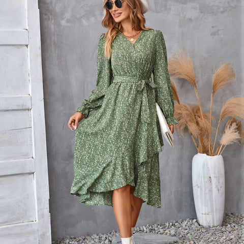 Robe à manches longues à imprimé floral, style pendulaire à volants, tempérament élégant, vêtements pour femmes