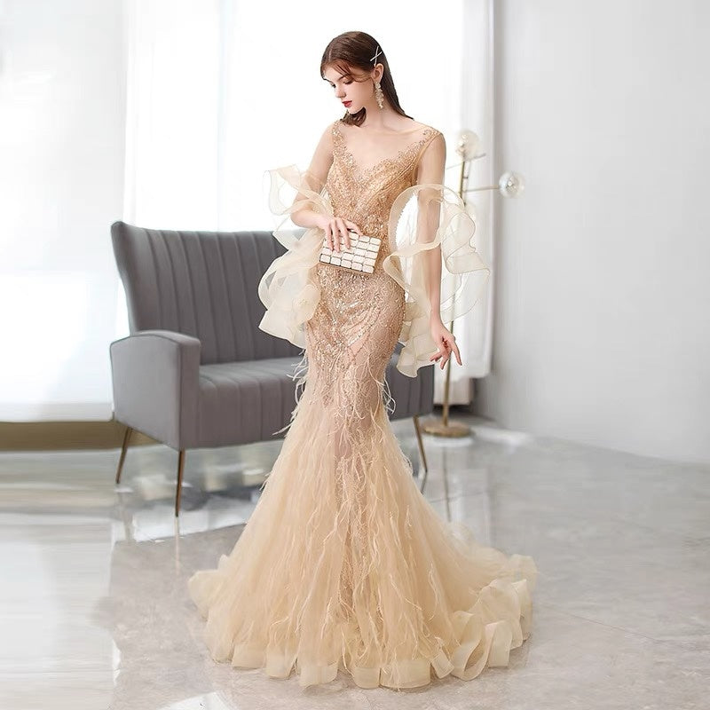Golden Mermaid Evening Dress Ladies Banquet
