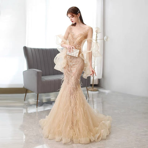 Robe de soirée sirène dorée pour femme
