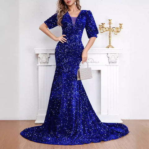 Robe de soirée élégante à manches mi-longues et traîne à sequins