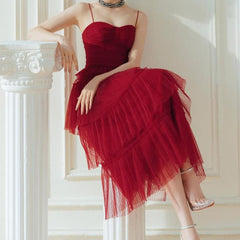 Suspender Spread Chest Temperament Dark Red Flowing Small Dress Long Skirt - Fashionner