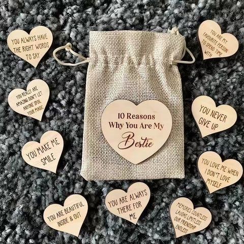 Why You Are My Bestie Jute Bag With Hearts Wood Chip Token - Fashionner