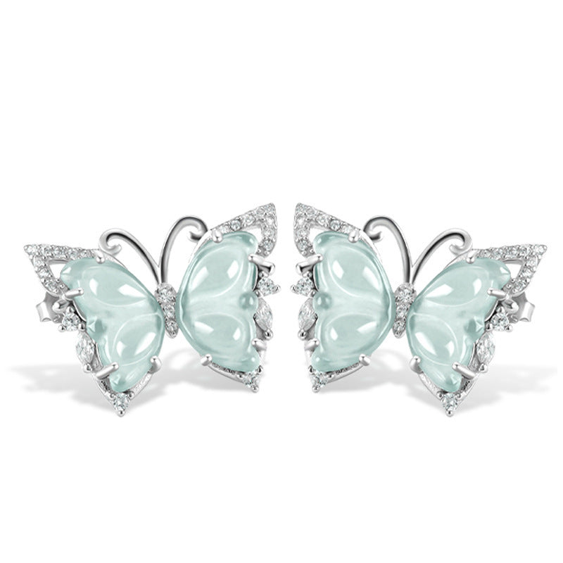 Ice Jade Stone S925 Silver Inlay Women's Fashion Rings Ear Studs