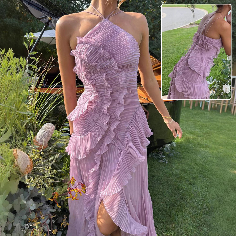 Buy Ruffled Pleated Halterneck Dress Summer Irregular Hem Dresses Party Club Evening Gown Clothing online at Fashionner