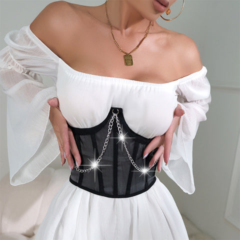 Buy Mesh Spliced Chain Sexy Fishbone Steel Ring Waist Cincher online at Fashionner.
