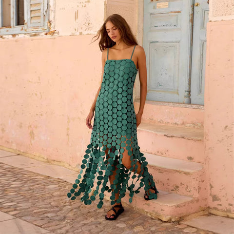 Fashion Hollow-Out Polka Dot Midi Slip Dress - Lightweight Sleeveless Linen-Blend Summer Dress For Women