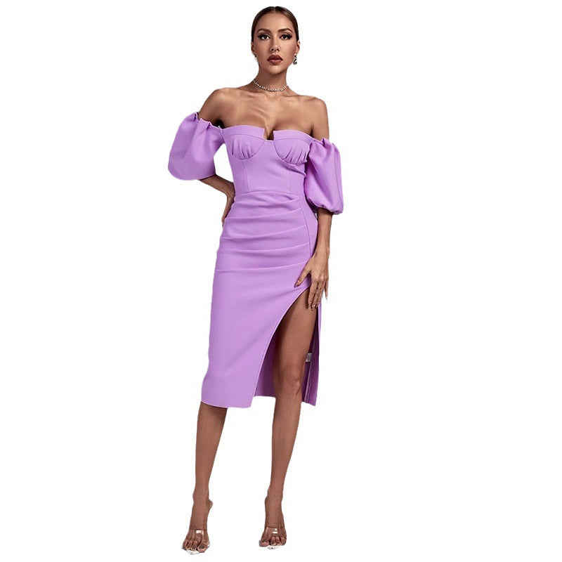 Women's Solid Color Lantern Sleeve Bandage Dress - Fashionner