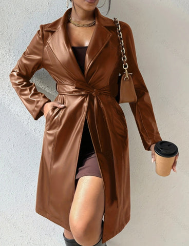 Veste en cuir PU à manches longues et revers avec poches, coupe ajustée, long trench-coat pour femmes