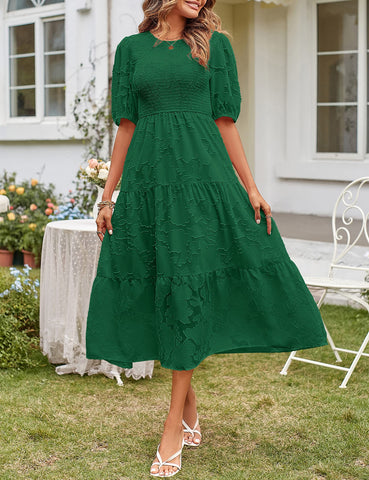 Women's Summer Casual Lace Dress Floral Ruffle Puff Short Sleeve High Waist Midi Beach Dresses