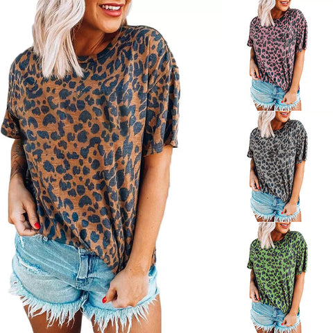 Buy Leopard Pattern Crew Neck Casual Short Sleeve T-Shirt online at Fashionner