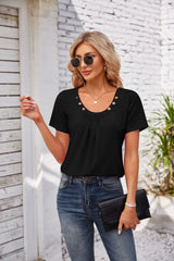 Women's Short-sleeved T-shirt Summer Button Square Collar Pleated Design Solid Color Loose T-shirt Womens Clothing - Fashionner