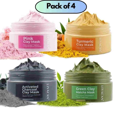 Masque visage à l'argile Rose, Curcuma, Charbon actif, Thé vert Matcha 50 g chacun Lot de 4