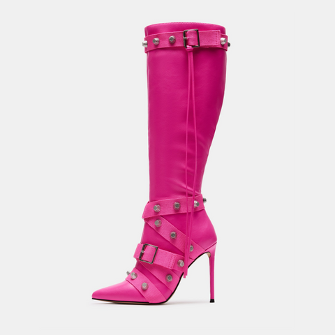 Metal Leathern Pointed Stiletto Heel High Leg Boot Rivet - Fashionner
