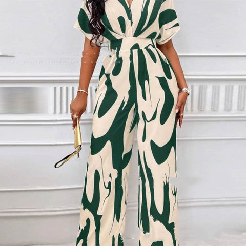 V-neck Loose Printed Long Jumpsuit - Fashionner