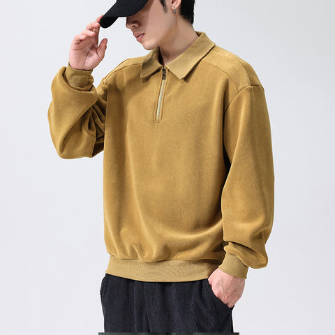 Sweat-shirt tendance à col à revers et demi-fermeture éclair, haut chaud polaire à manches longues pour hommes - Vêtements pour hommes