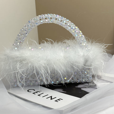 Avec Ostrich Hair Perles Sac Perles Transparent Acrylique Cristal Pierre Boîte Sac à Main Femme Fait à la Main Fête Bourse