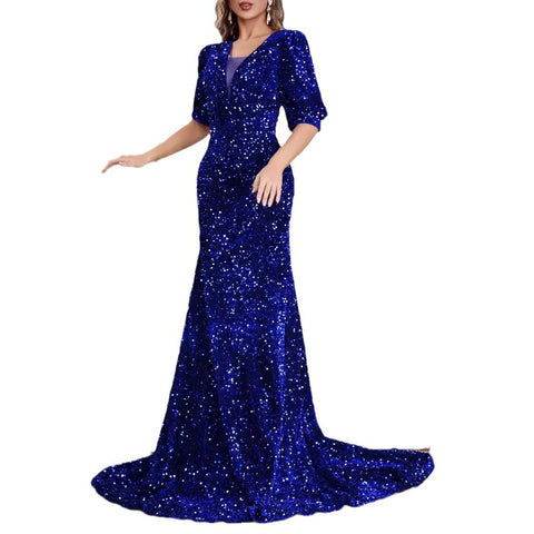 Robe de soirée élégante à manches mi-longues et traîne à sequins