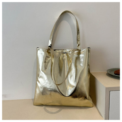 Simple Portable Large Capacity Texture Shiny Shoulder Bag Personality Soft Pu Paint Commuter Tote - Fashionner
