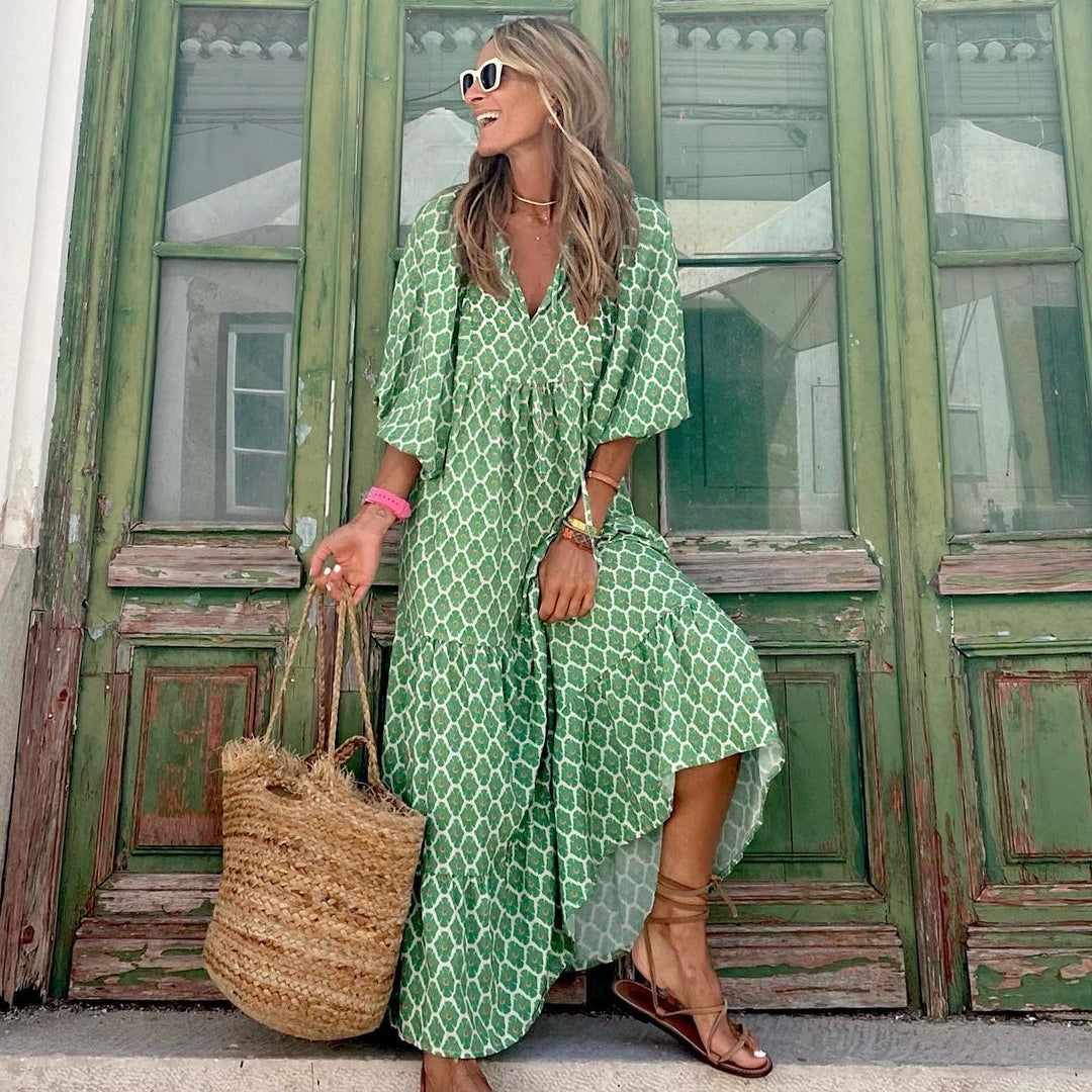 Buy Summer Women'S Vintage Printed Bohemian Dress Elegant Ladies Casual Loose V-Neck Short Sleeve Long Dresses online at Fashionner.