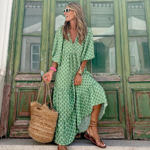 Buy Summer Women'S Vintage Printed Bohemian Dress Elegant Ladies Casual Loose V-Neck Short Sleeve Long Dresses online at Fashionner.