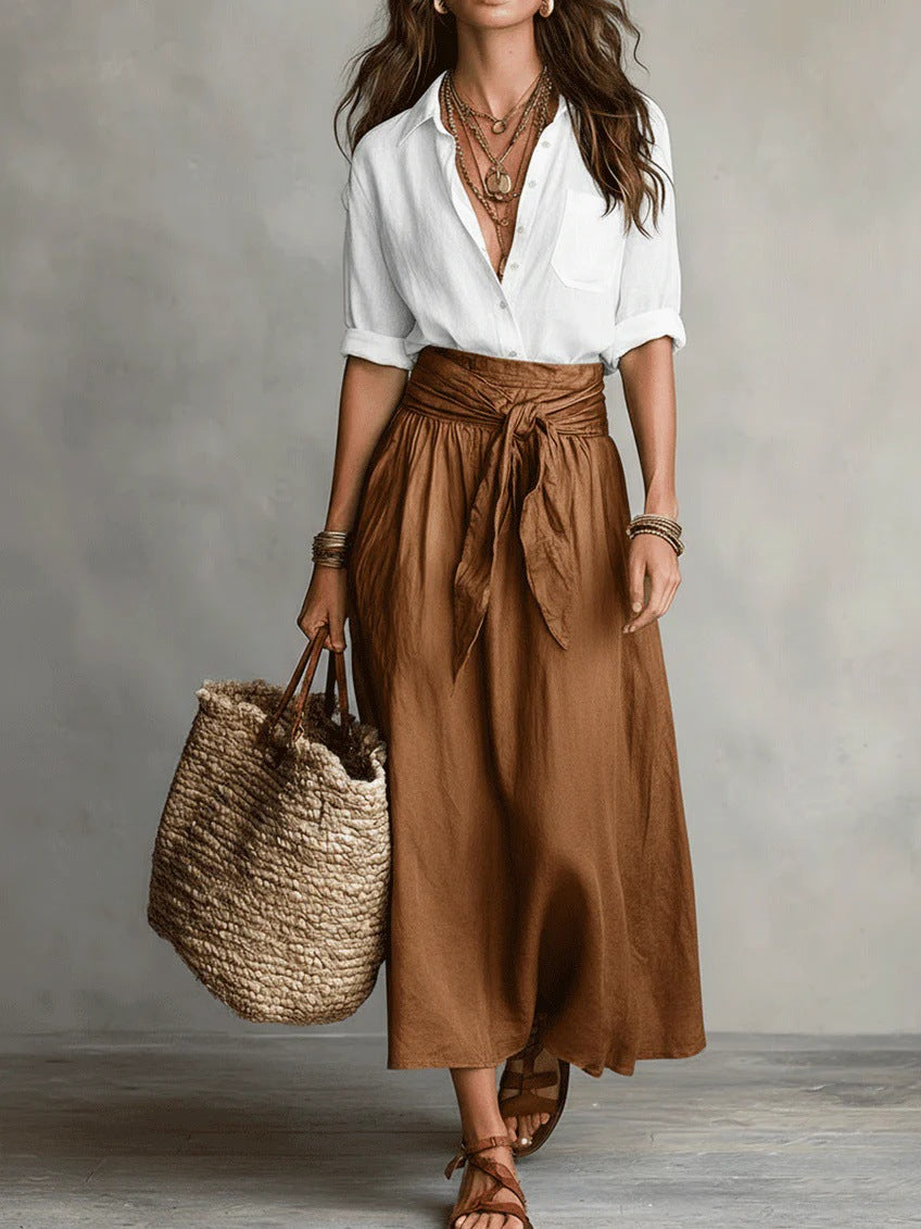 Buy Summer Short-sleeve Suits Fashion Casual Button-down Shirt Top And Straight Skirt Women's Two-piece Set online at Fashionner.