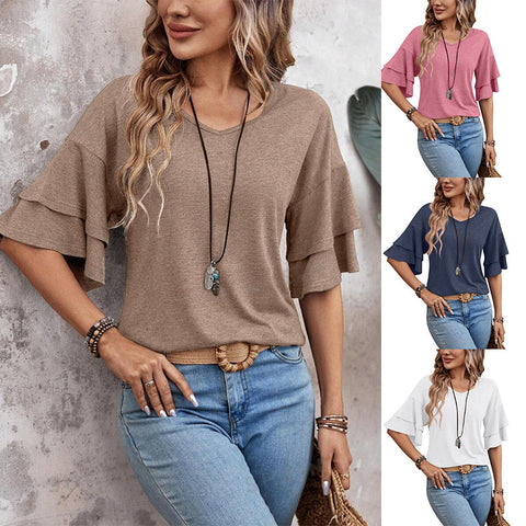 T-shirt ample à col en V et manches volantées, couleur unie, haut mi-manches, vêtements pour femmes