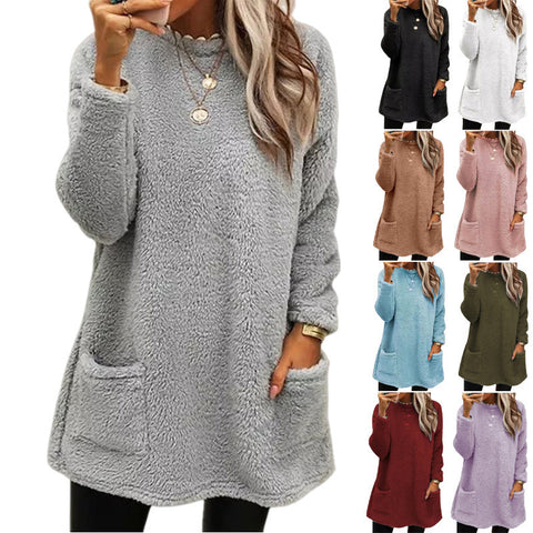 Sweat-shirt pull polaire long pour femmes avec poches Hiver chaud Épaissir Sweatershirt Décontracté Manches longues Peluche Hauts Manteau à capuche Streetwear Tenues amples d'automne Hauts à capuche