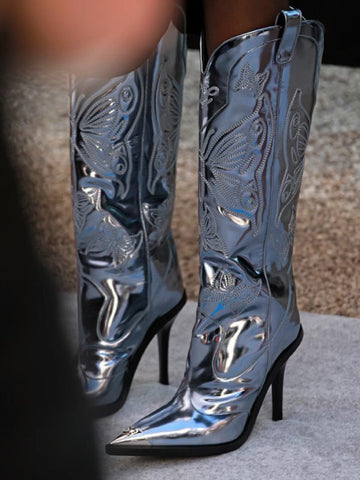 Women's High-heeled Metal Pointed-toe Bowknot Embroidered Boots - Fashionner